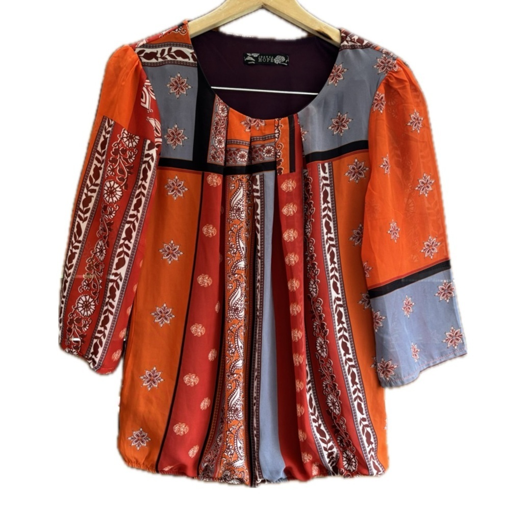 Joanna Hope Ladies Orange Brown Gray Patterned Blouse 3/4 Length Sleeve Sz 10US